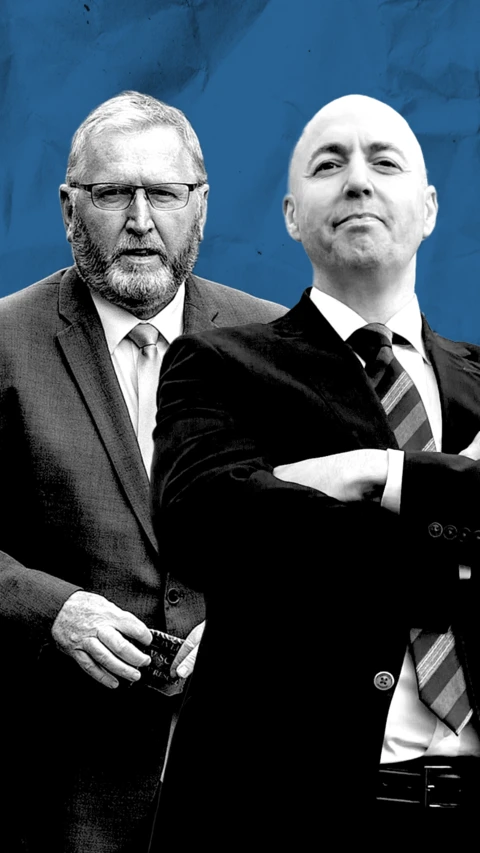 Black and white images of Doug Beattie and Jon Burrows in front of a blue background.