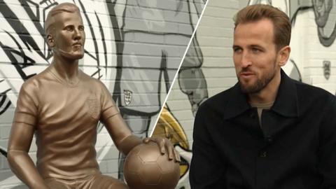 Split image between Harry Kane and a gold statue of Harry Kane