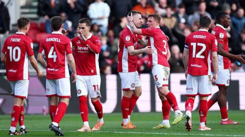 Bristol City players celebrate a goal scored against Middlesbrough