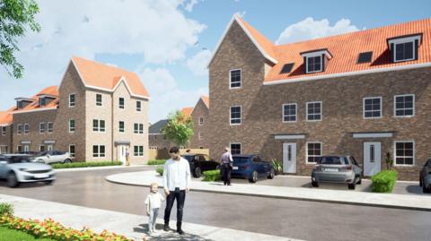A CGI of the proposed new housing estate. The street is made up of lightly coloured town houses. Cars are parked on driveways outside. A man walks down the path holding a child's hand. On the opposite side of the road a man has his back to shot and is eying up a blue hatchback in a driveway. In the distance a man walks with small steps, possibly conscious that his trousers are unforgivably yellow. The scene is pristine, with no litter or even a fallen leaf in sight. Perhaps danger lurks with the blurred image of a silver car just coming into shot behind man and child. Is it speeding, or just a design flourish?