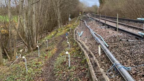 A image from the top of the embankment where the landslip has occurred.