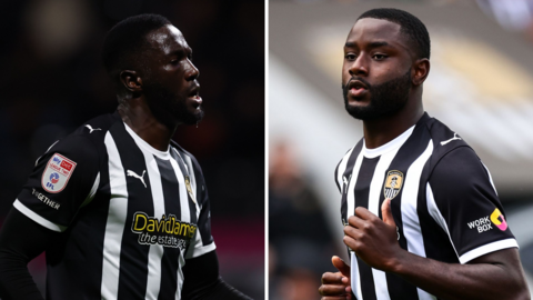 Split image of Alassana Jatta and Matthew Dennis in action for Notts County