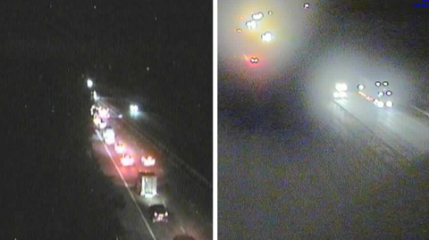 CCTV images from the motorway at night show traffic building up in one direction after the crash.