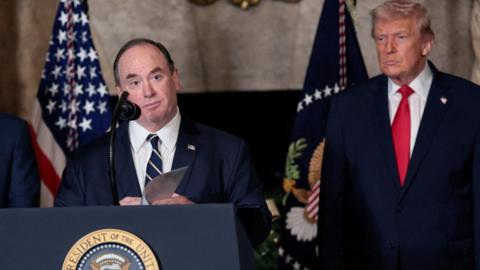 U.S. Secretary of the Navy John Phelan speaks, after President Donald Trump announced the Navy's "Golden Fleet", at Mar-a-lago in Palm Beach, Florida, U.S., December 22, 2025. 