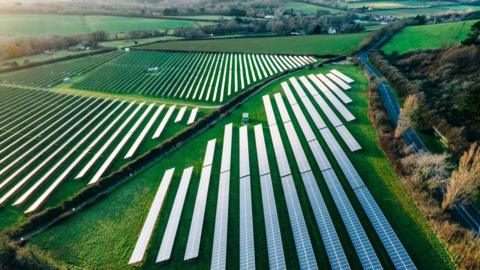 A stock picture of a solar farm. There are rows of solar panels in a field.