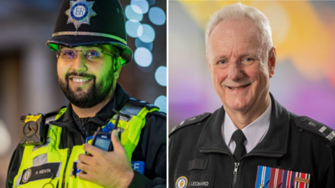 A composite image with two male police officers. The officer on the left is wearing a high visibility jacket and a police helmet with insignia on the front. The other is wearing a black police jacket with medals on the left breast. Both are smiling whilst looking at the camera.