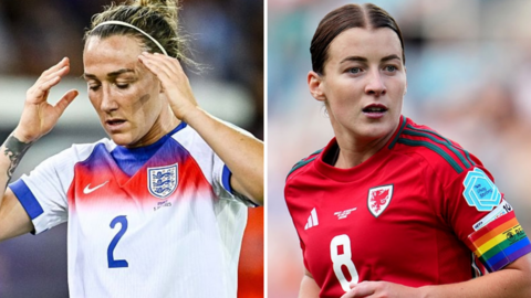 A split graphic of England's Lucy Bronze and Wales' Angharad James-Turner after their opening-game defeats at Euro 2025