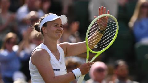 Barbora Krejcikova celebrates winning in second round at Wimbledon
