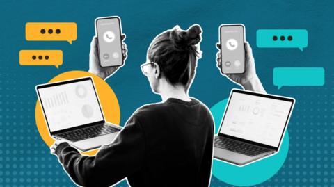 A graphic of a woman in glasses looking at a laptop