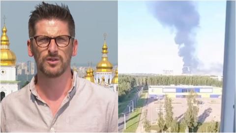 A split screen showing BBC correspondent Dan Johnson and smoke rising from the site of a Ukrainian attack in Russia