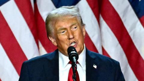 Donald Trump speaks into mic, mid-shot cuts off shortly below the shoulders. He's wearing a dark suit, white shirt and red tie, behind him are three US flags