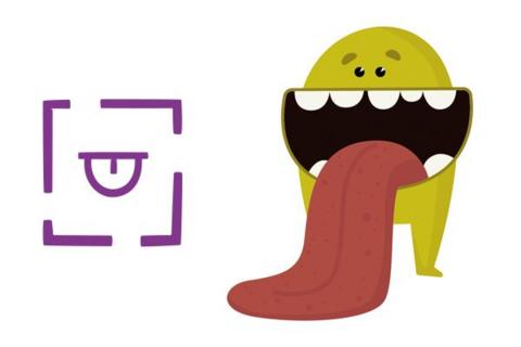 Cartoon character - comprising of two legs and a mustard coloured head with a large mouth sticking an oversized tongue out.