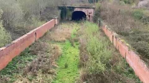 A small railway bridge surrounded by grass and flanked each side by walls. It is in a rural area with trees and green land. 