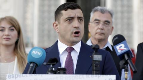 George Simion speaks at a press conference on Sunday 4 May 