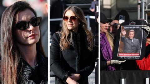 Composite showing Anne Hathaway on the left, Liz Hurley in the middle and mourner holding sign on the right