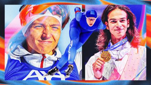 Photos of three Russian athletes - Savelii Korostelev, Kseniia Korzhova and Petr Gumennik