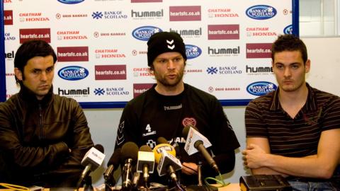 Paul Hartley (left), Steven Pressley (centre) and Craig Gordon (right) address the media