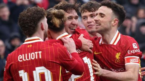 Federico Chiesa celebrates with his Liverpool team-mates after scoring against Accrington Stanley in the FA Cup fourth round