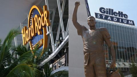 General views of the Hard Rock Stadium and the Gillette Stadium