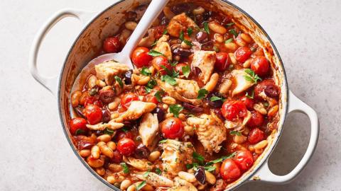 White fish and cannellini bean puttanesca one-pot bake.