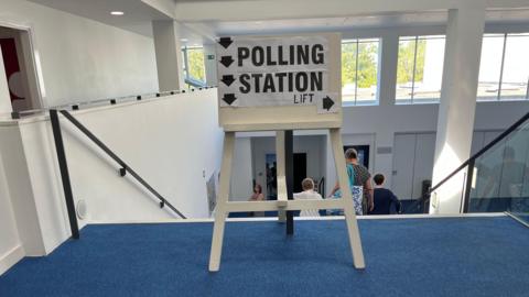 A sign which says polling station on top of a set of stairs at Beau Sejour. 