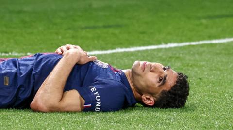 Achraf Hakimi #2 of Paris Saint-Germain looks on during the UEFA Champions League 2025/26 Semi Final First Leg match between Paris Saint-Germain and FC Bayern Munchen