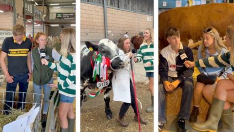 Three-way split image with young farmers speaking to BBC presenter