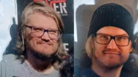 A composite of two photos of Philip Lewis. In the first, he is wearing glasses and a grey T-shirt and is smiling. He has shoulder length light coloured hair and a beard. In the second he is wearing a dark-coloured beanie hat and is smiling.