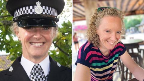 Two images of Rosie Prior, one in police uniform and another in a striped t shirt.