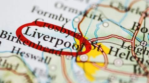 Map of the Liverpool City Region, with Liverpool ringed in red pen.