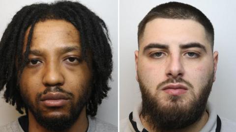A composite image of custody pictures showing Jason and Nusret. Jason has dark hair worn in mid-length dreadlocks and long stubble, while Nusret has short dark hair and a longer beard. 