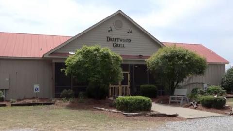 The exterior of the Driftwood restaurant. It is a low building with light brown siding and a reed roof. The name is in capped letters at the top of the building, which comes to a peak. There are trees and a bench outside, along a walkway that leads to a double screen door.