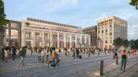 A mock-up of the proposed redevelopment showing a refreshed market place and new buildings in the background.