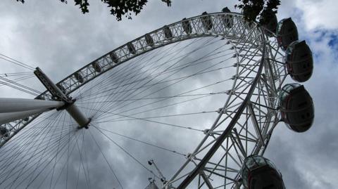 A view looking up at the big wheel with the spokes and carriages visible against a clouded sky