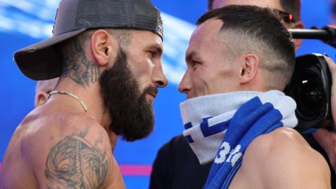 Anthony Cacace and Josh Warrington face off at Friday's weigh-in at Trafalgar Square 