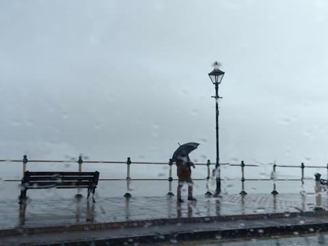 Person walking along a promenade with an umbrella 