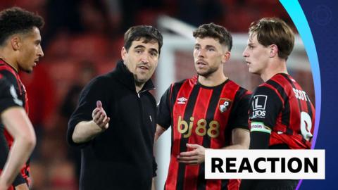Bournemouth boss Andoni Iraola talks with three of his players