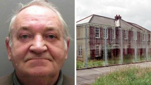 A composite image showing a mugshot of Neville Husband, an older man, and Medomsley Detention Centre, County Durham.