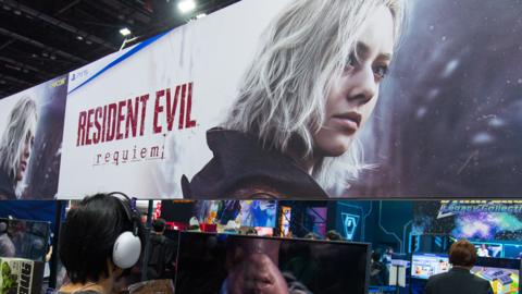 A poster for Resident Evil Requiem shows character Grace Ashcroft with white hair looking pensive