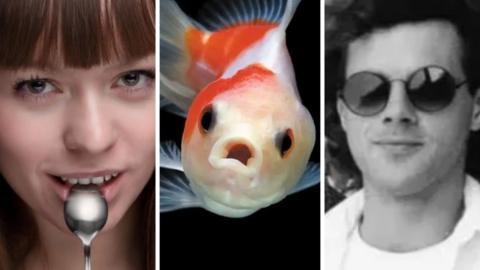 Three images edited together, showing a young woman on the left with a spoon in her mouth, a fish and a black and white old photo of a man with sunglasses on