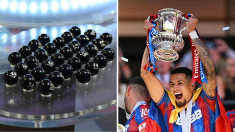 Balls used to draw the FA Cup and on the right Daniel Munoz lifts the FA Cup trophy
