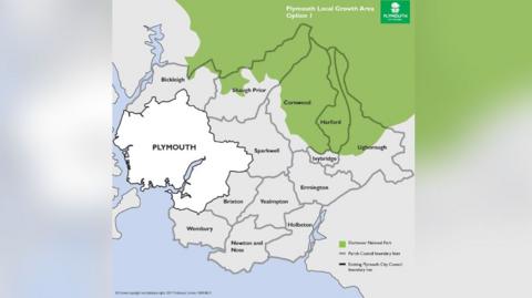 A map showing the current boundary of Plymouth City Council and the proposed new boundary which takes in 13 extra parishes.