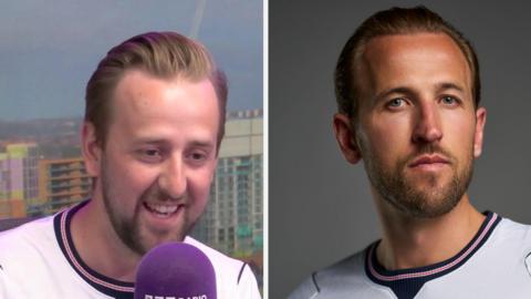 A Harry Kane looklike in England shirt and Harry Kane