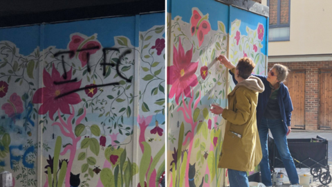Left image shows Ipswich Town Football Club's initials drawn with black paint on a colourful, floral mural drawn on hoardings. The right image depicts two women painting over the graffiti, with tins of paint by their feet