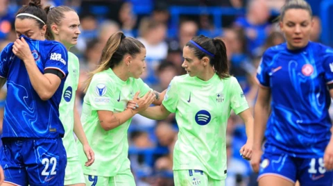 Chelsea's players react as Barcelona score at Stamford Bridge in the Women's Champions League