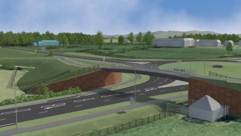 An artist's impression of the road which has a bridge over the top of the dual carriageway, which feeds into a large roundabout behind it. There are grass verges and fields on either side and large warehouse buildings in the distance.