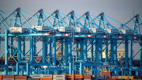 Ship-to-shore cranes at a container terminal at the Port of Rotterdam, in Rotterdam, Netherlands, on Monday, April 14, 2025