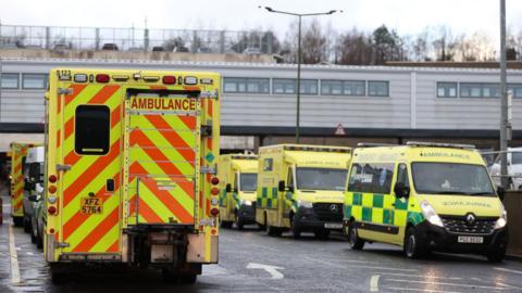A line of yellow and green emergency ambulances is seen parked outside a hospital building. The vehicles are marked with high-visibility red and yellow stickers on the rear, and some display the words "AMBULANCE" on the side. The environment includes a grey, overcast sky, a hospital structure in the background, and street lights. The sky is grey.