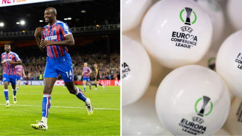 Crystal Palace's Jean-Philippe Mateta celebrates a goal and on the right balls used in the Conference League draw