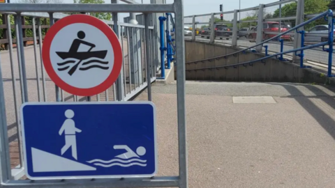 Signs showing people swimming and rowing 